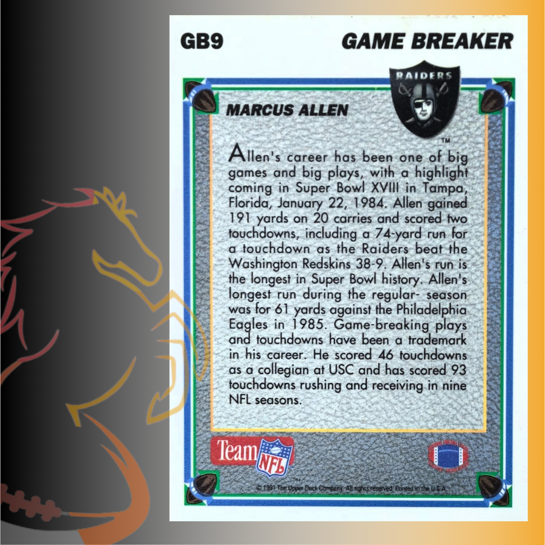 1991 Upper Deck Marcus Allen Game Breakers Holo - Imagen 2